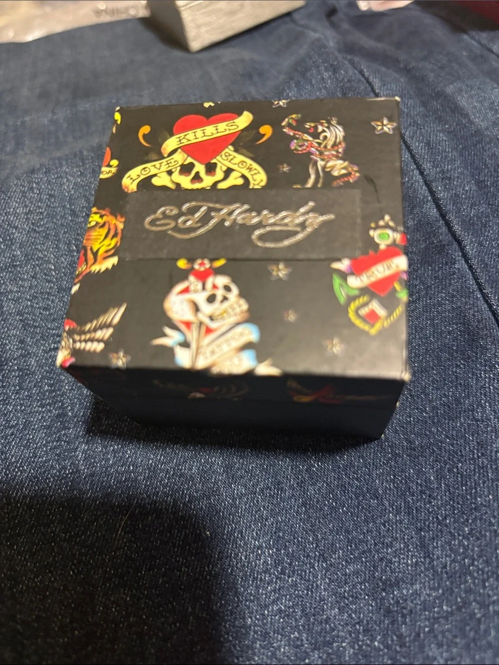 Ed Hardy Black Stainless Steel Ring with Gold Accents